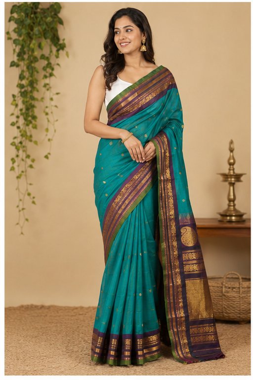 GADWAL SICO SAREE(TEAL GREEN-PURPLE) - View 3