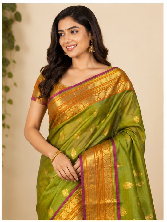 SICO GADWAL SAREE(RUST ORANGE-PARROT GREEN) - View 2