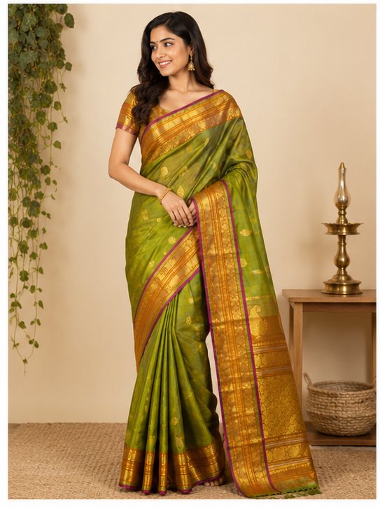 SICO GADWAL SAREE(RUST ORANGE-PARROT GREEN) - View 3