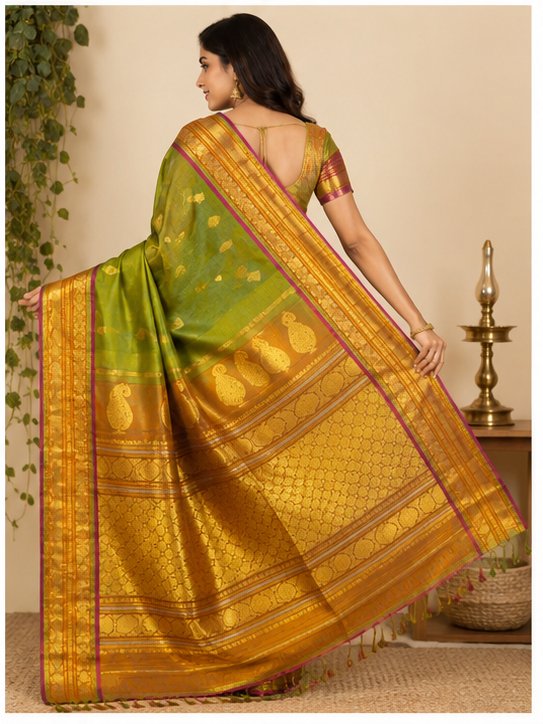 SICO GADWAL SAREE(RUST ORANGE-PARROT GREEN) - View 4