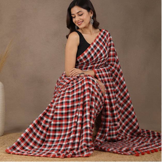 MOL COTTON CHECK SAREE - View 21