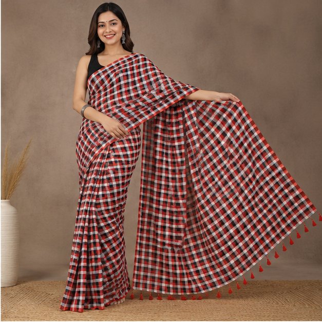 MOL COTTON CHECK SAREE - View 24