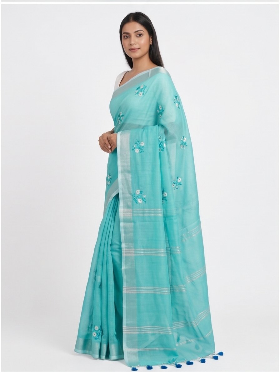 EMBROIDERY ON LINEN SAREE - Color:SEA GREEN
