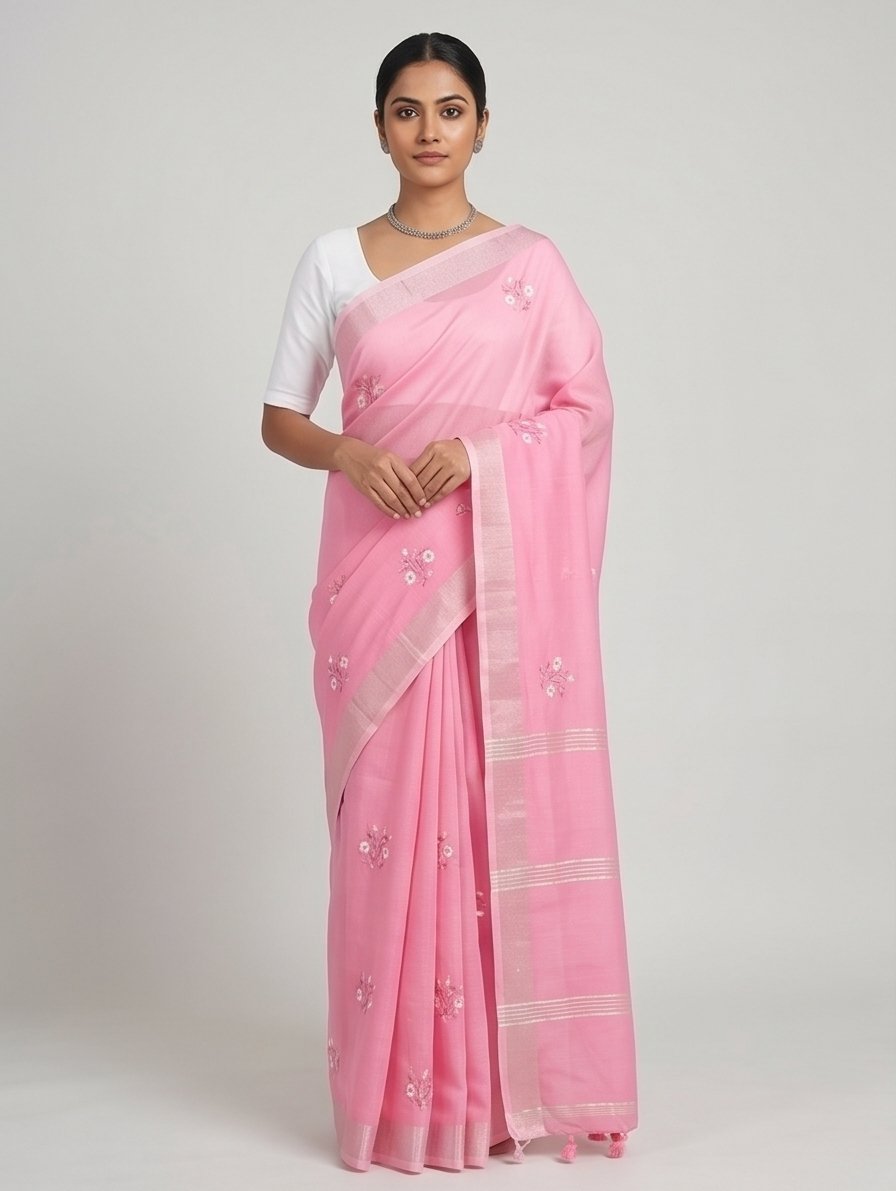 EMBROIDERY ON LINEN SAREE - Color:Pink
