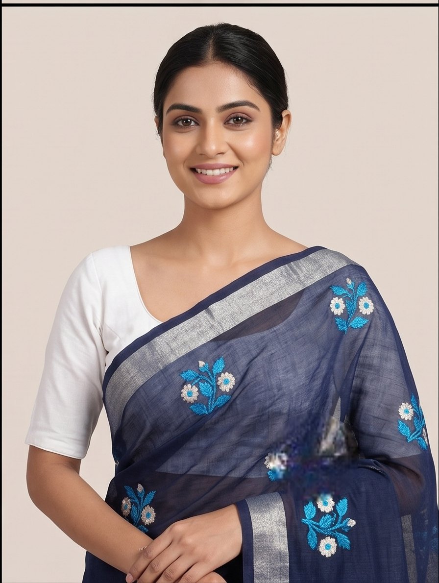 EMBROIDERY ON LINEN SAREE - Color:NAVY BLUE