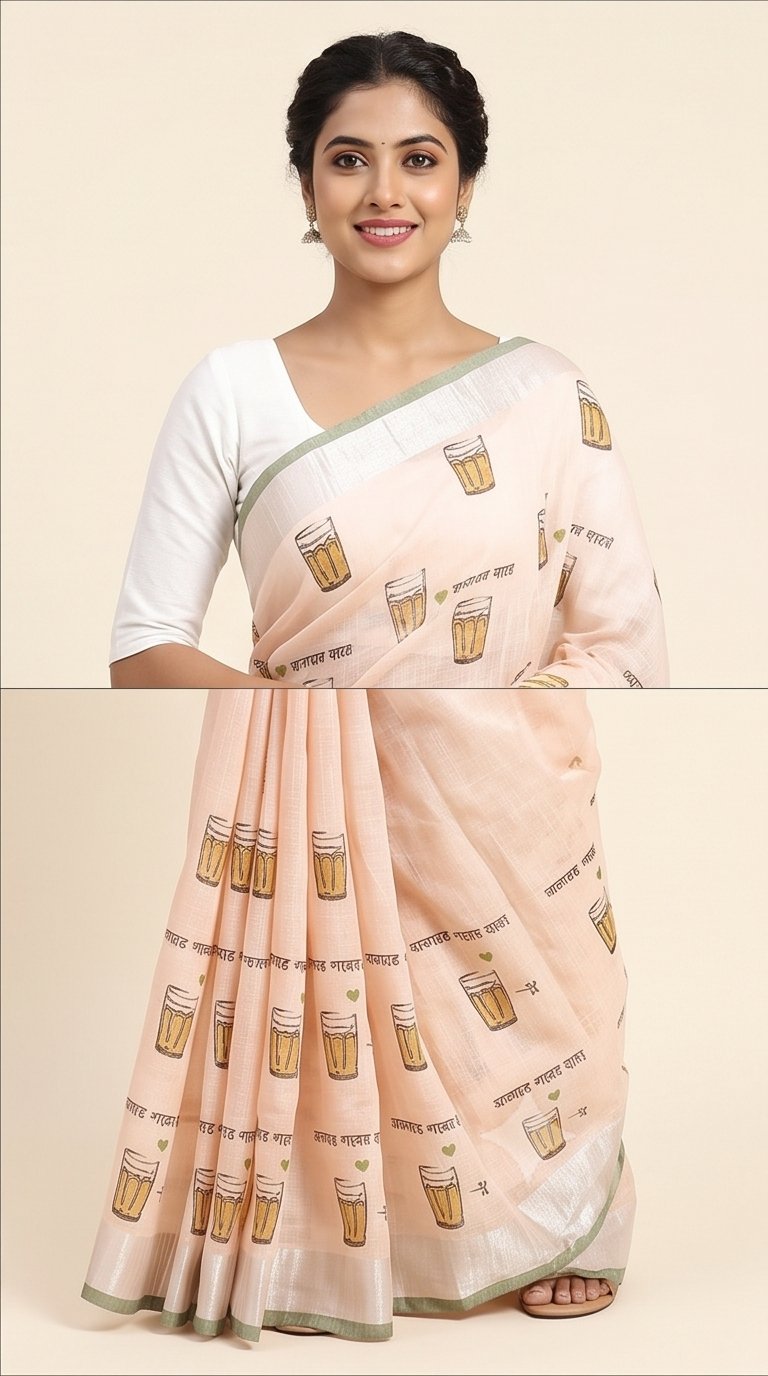 TEA CUP HAND BLOCK PRINT ON LINEN SAREE - View 4