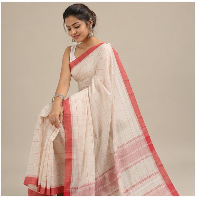 PREMIUM DHANIYAKHALI COTTON CHECKS HANDLOOM SAREE - View 5