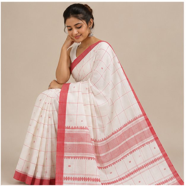 PREMIUM DHANIYAKHALI COTTON CHECKS HANDLOOM SAREE - View 9