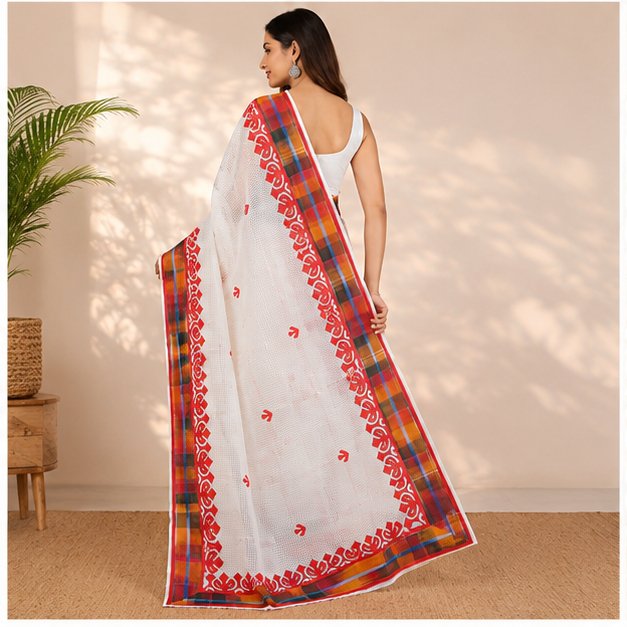 RESHAM KOTA GAMCHHA APPLICK SAREE WITH BLUE LINE - View 4