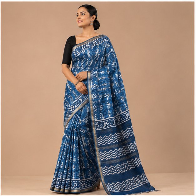 ZARI BORDER COTTON INDIGO SAREE