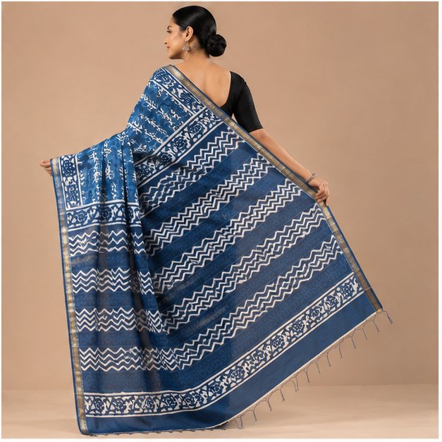 ZARI BORDER COTTON INDIGO SAREE - View 2