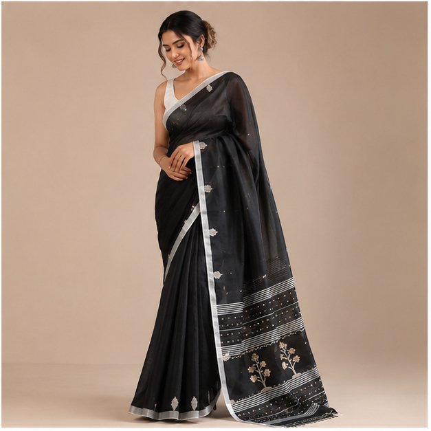 COTTON JAMDANI HANDWOVEN SAREE - Color:Black