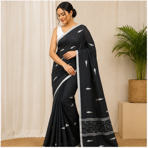 COTTON JAMDANI HANDWOVEN SAREE - Color:COAL BLACK