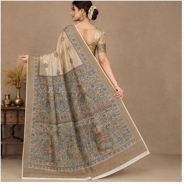 SEMI TUSSAR MADHUBANI DANCE ANCHAL SAREE - View 4