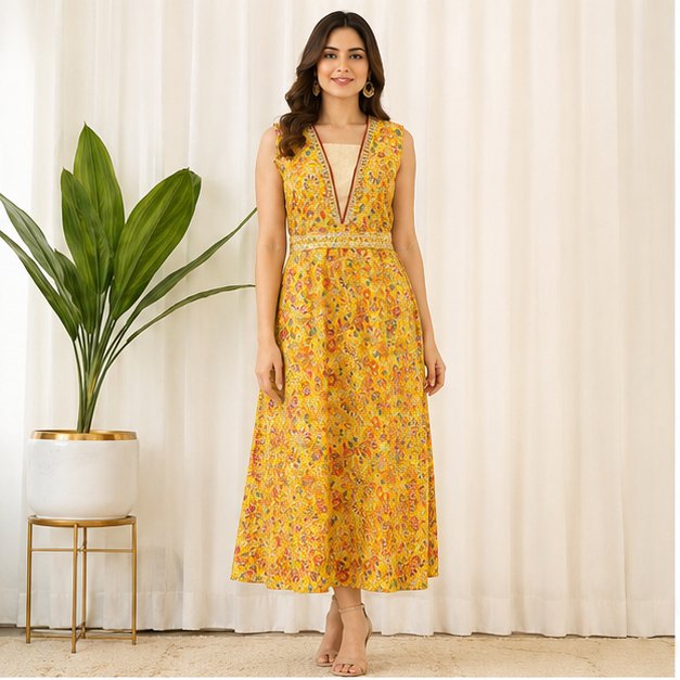 A LINE DRESS WITH BELT - Color:MUSTARD YELLOW