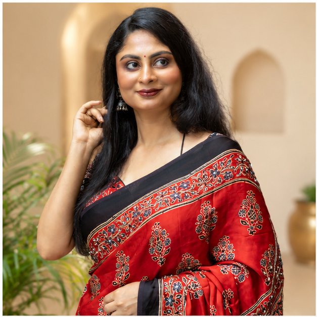 SHREES EMBROIDERY MODAL AJRAKH SAREE - View 2