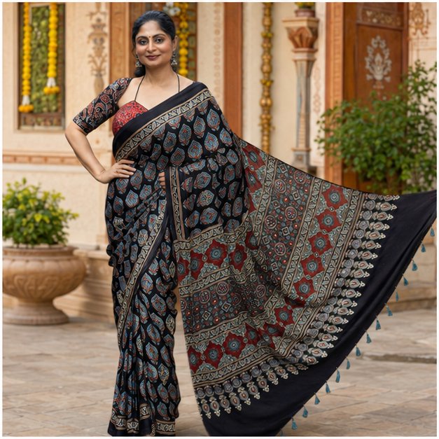 SHREES EMBROIDERY MODAL AJRAKH SAREE