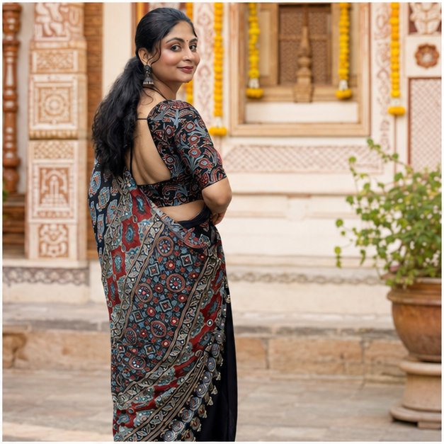 SHREES EMBROIDERY MODAL AJRAKH SAREE - View 2