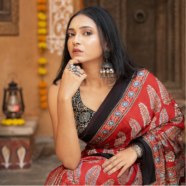 ShrEes EMBROIDERY MODAL AJRAKH SAREE - View 2