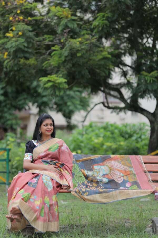 Multicolor Hand Painted Tusser Kalamkari Saree - Image 4