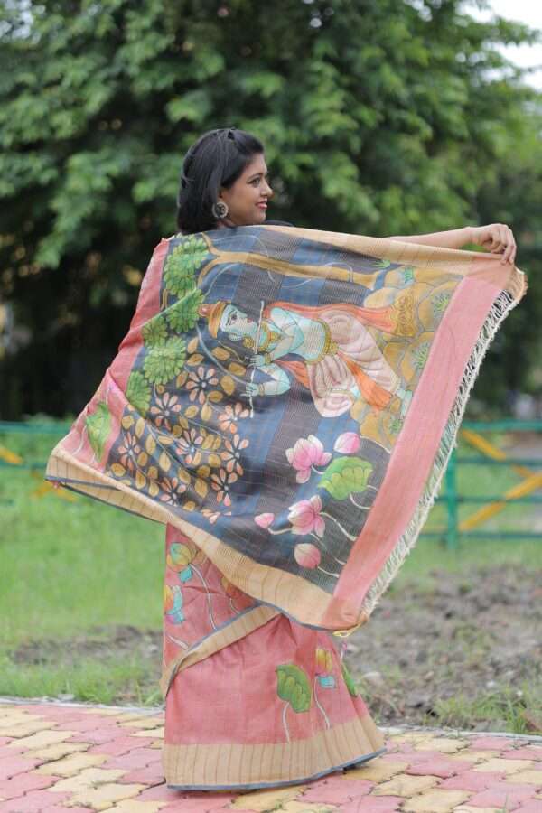 Multicolor Hand Painted Tusser Kalamkari Saree - Image 5