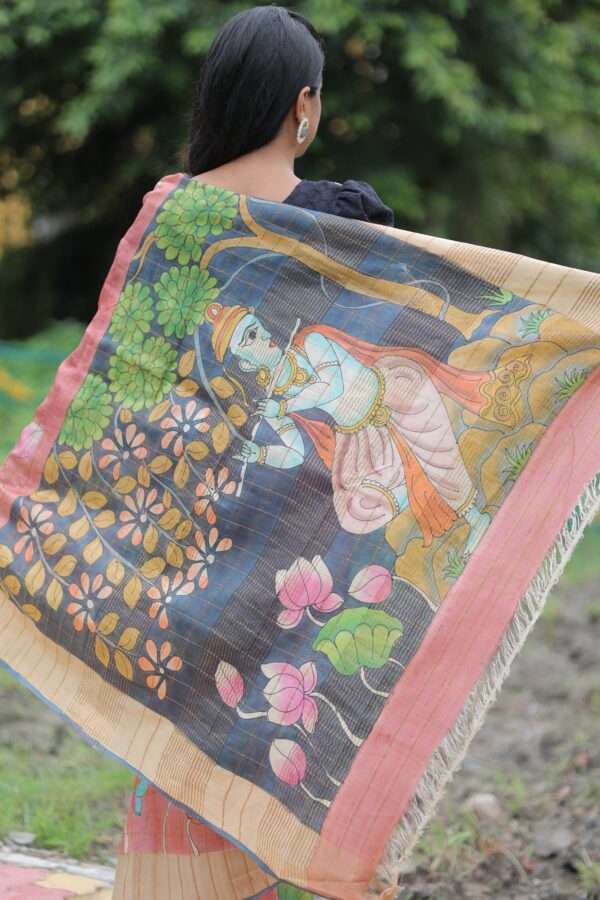 Multicolor Hand Painted Tusser Kalamkari Saree - Image 2