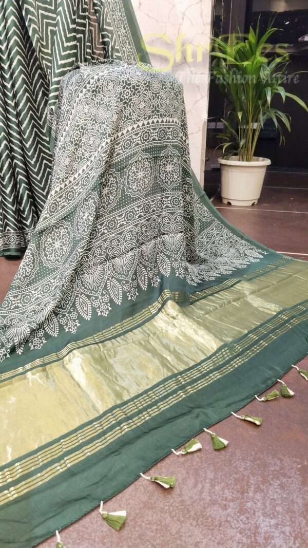Bottle Green Zig-Zag & Floral Ajrakh Printed Modal Silk Saree - Image 2