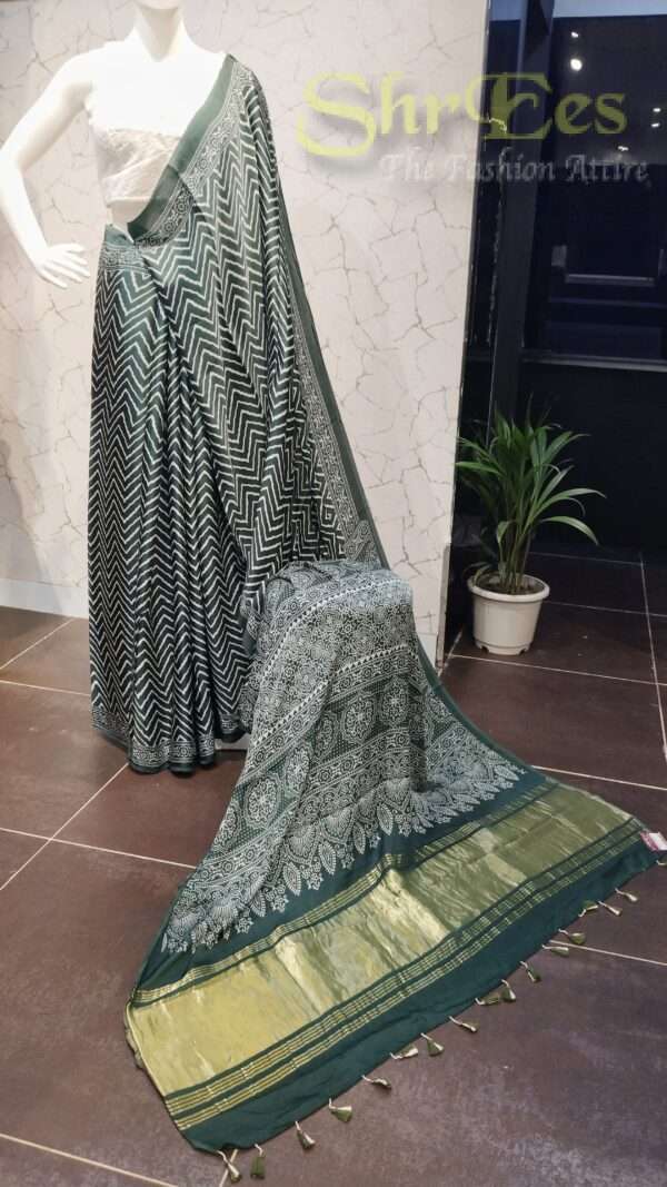 Bottle Green Zig-Zag & Floral Ajrakh Printed Modal Silk Saree - Image 5