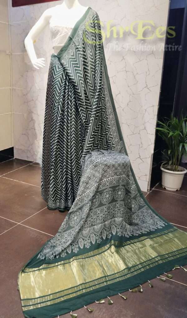 Bottle Green Zig-Zag & Floral Ajrakh Printed Modal Silk Saree