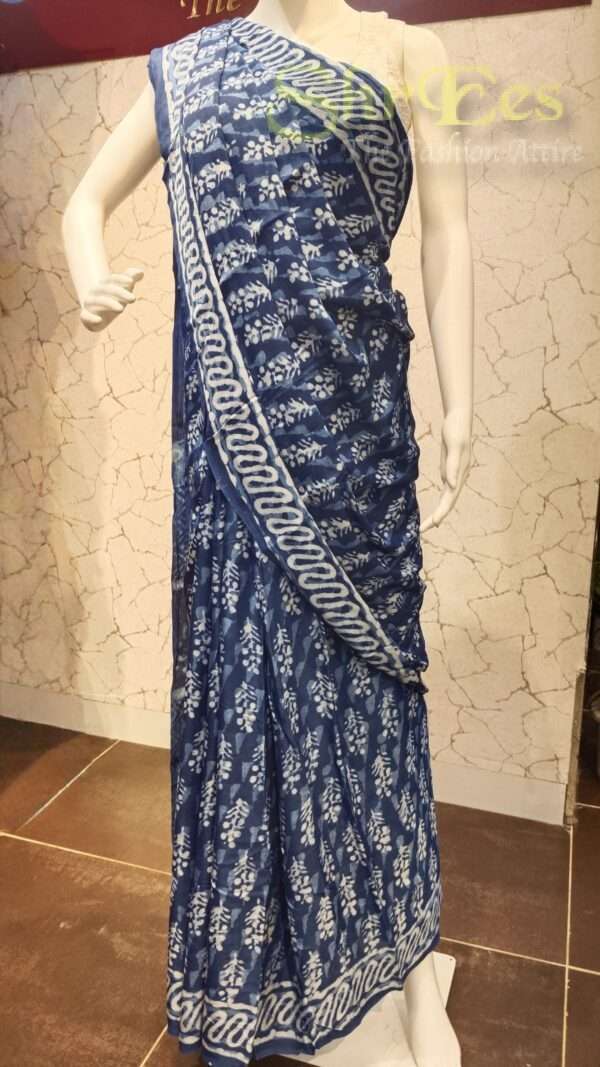 Premium Indigo Dabu Handblock Modal Silk Saree - Image 2