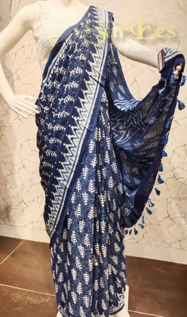 Indigo Modal Silk Saree – Hand‑Block Dabu Print