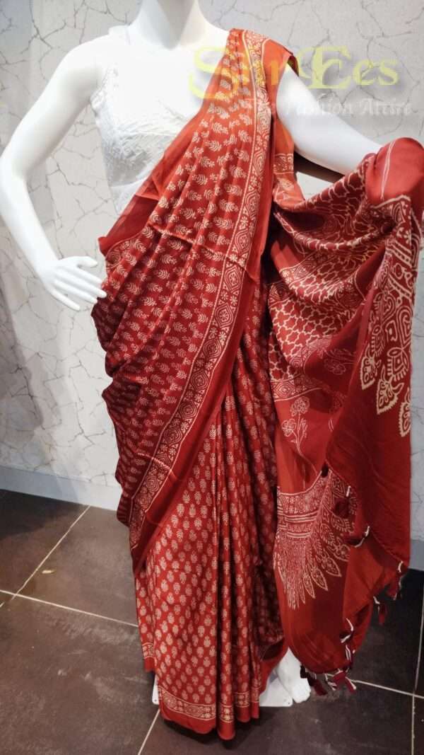 Crimson Maroon Hand‑Block Modal Silk Festive Saree