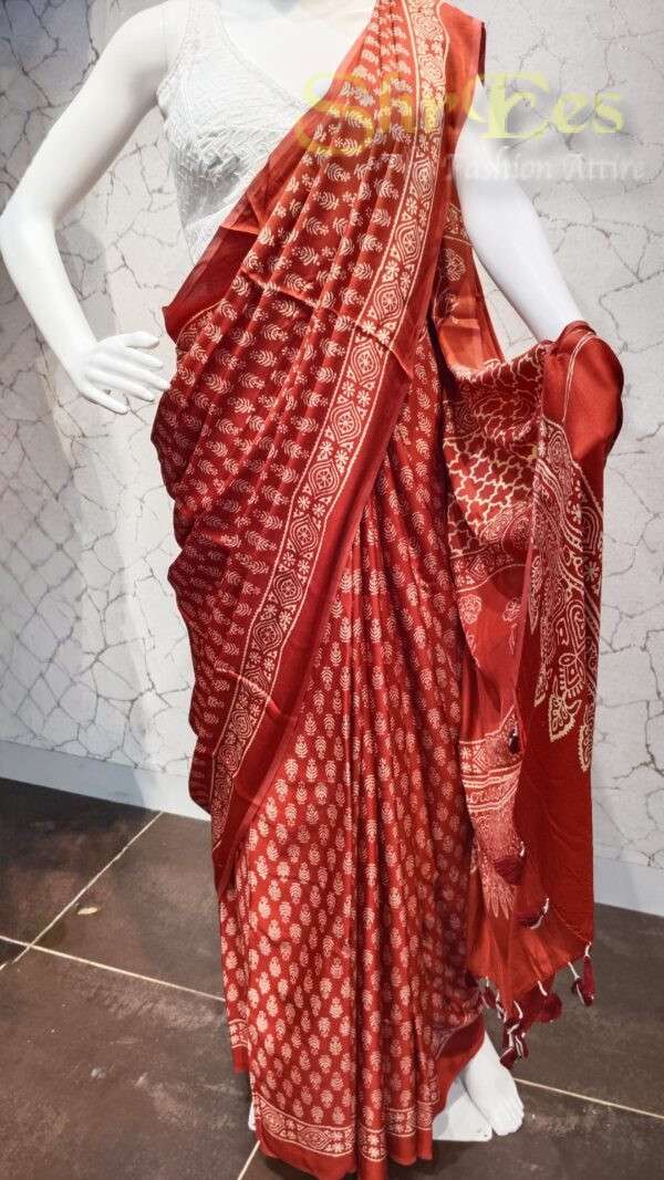 Crimson Maroon Hand‑Block Modal Silk Festive Saree - Image 4